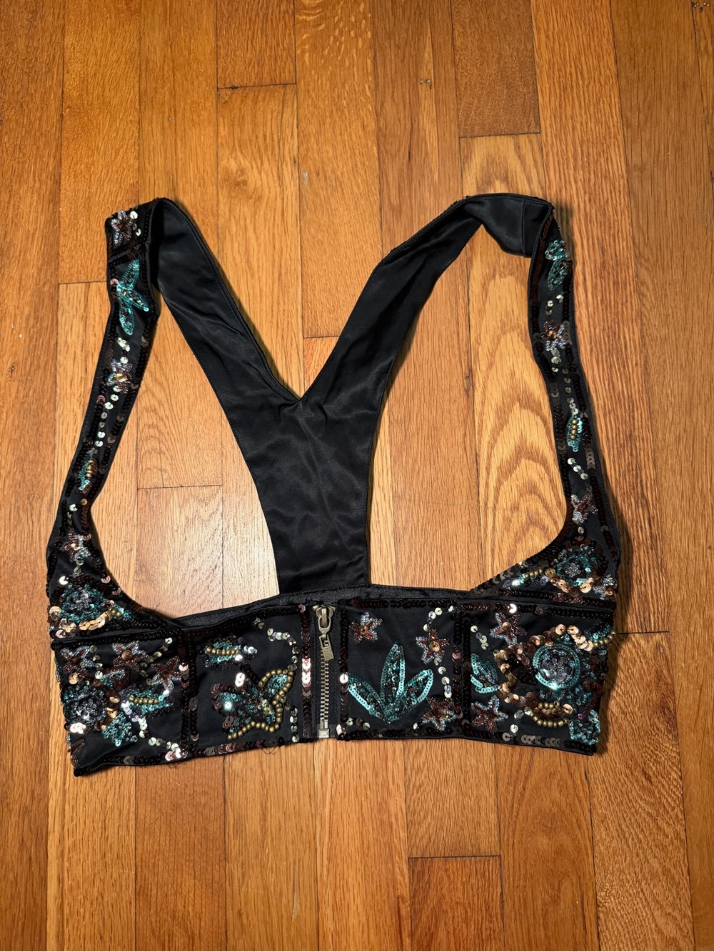 Black Sequin Embellished Bralette with Teal Accents